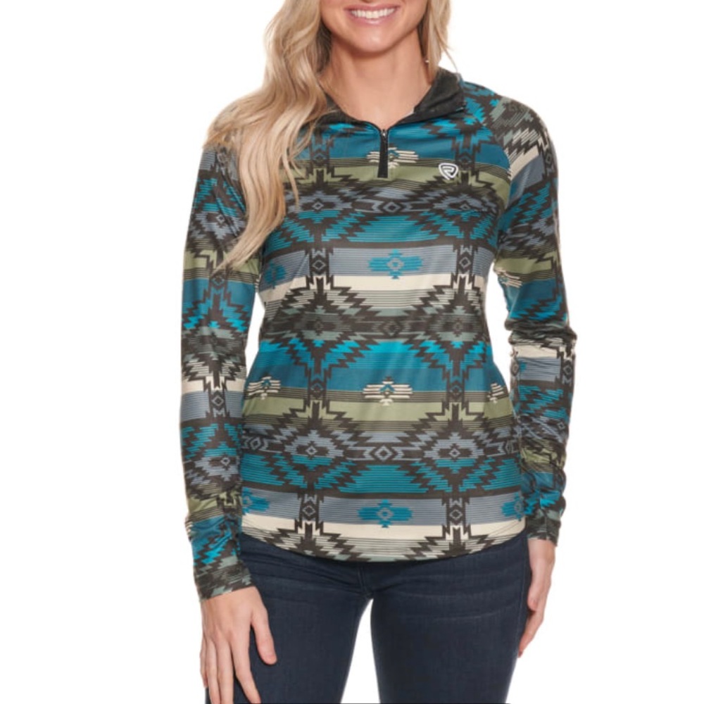 Rock & Roll Denim Women's Turquoise Olive Aztec 1/4 Zip Long Sleeve Shirt